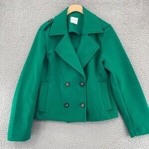 Love Tree Coat Womens Small Green Felt Double Breasted Pea Crop Stretch Office